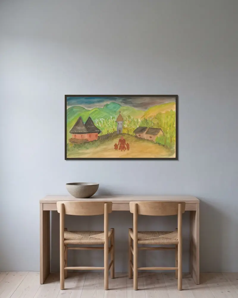 Mutter mit Kindern auf dem Land von Ján Novák gerahmt an einer Wand