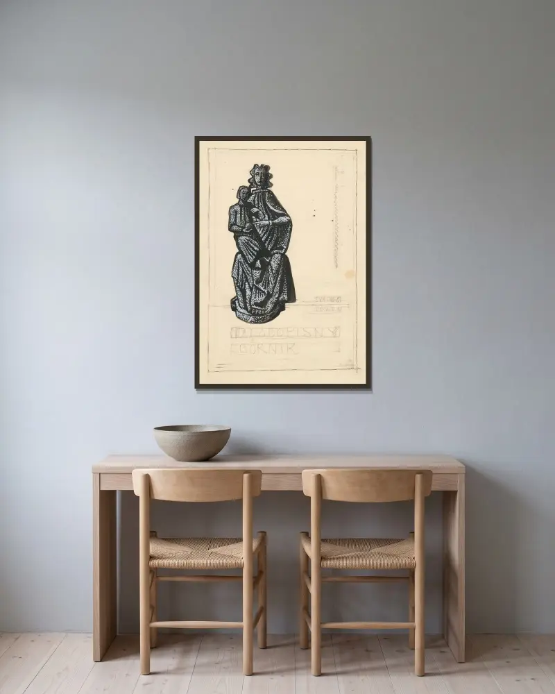 Omslag till Národopisný sborník (illustrationsförslag – Madonnan med barnet) av Ján Novák inramad på en vägg