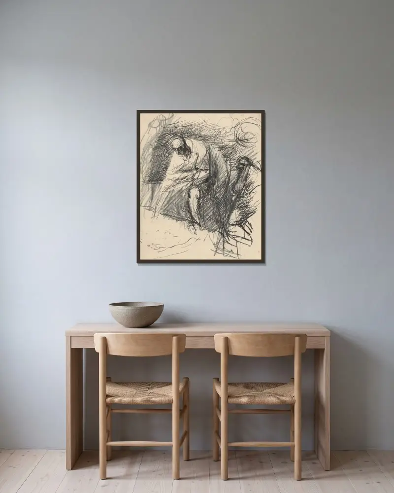 Böjd gammal man av Ján Novák inramad på en vägg