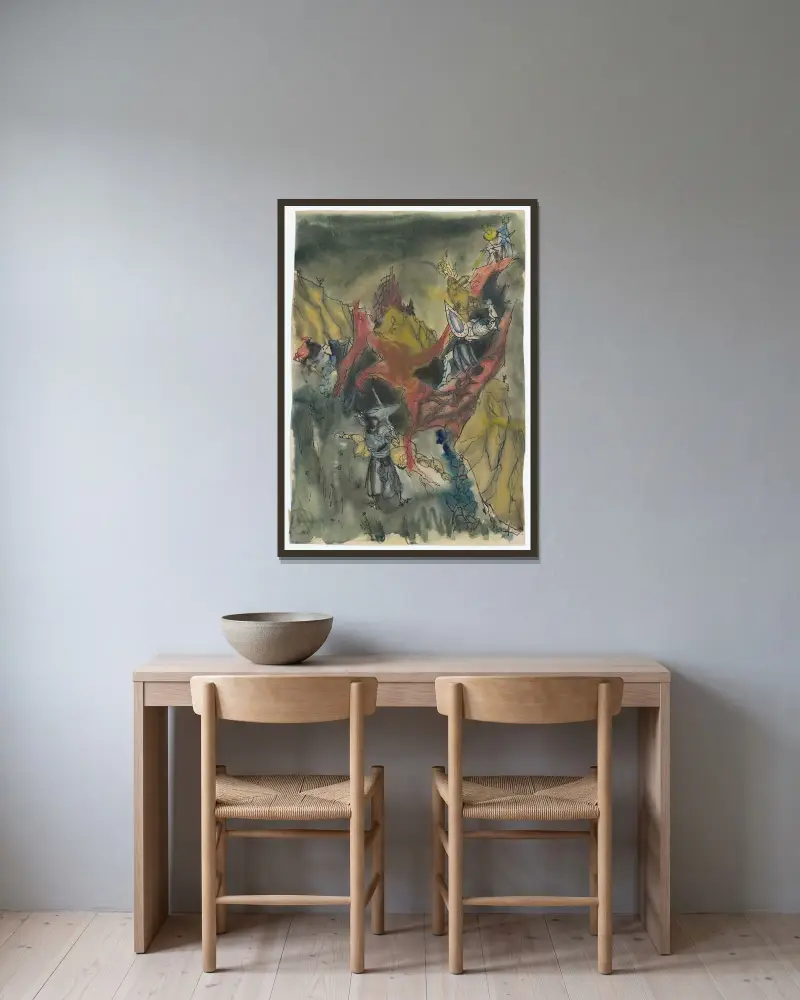 Studie till en helsidesillustration för en saga av Ján Novák inramad på en vägg