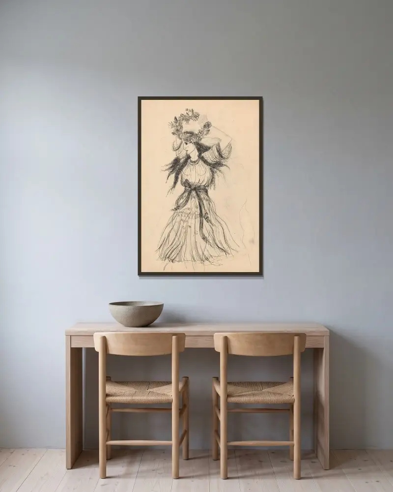 Skiss för en illustration av Ján Novák inramad på en vägg