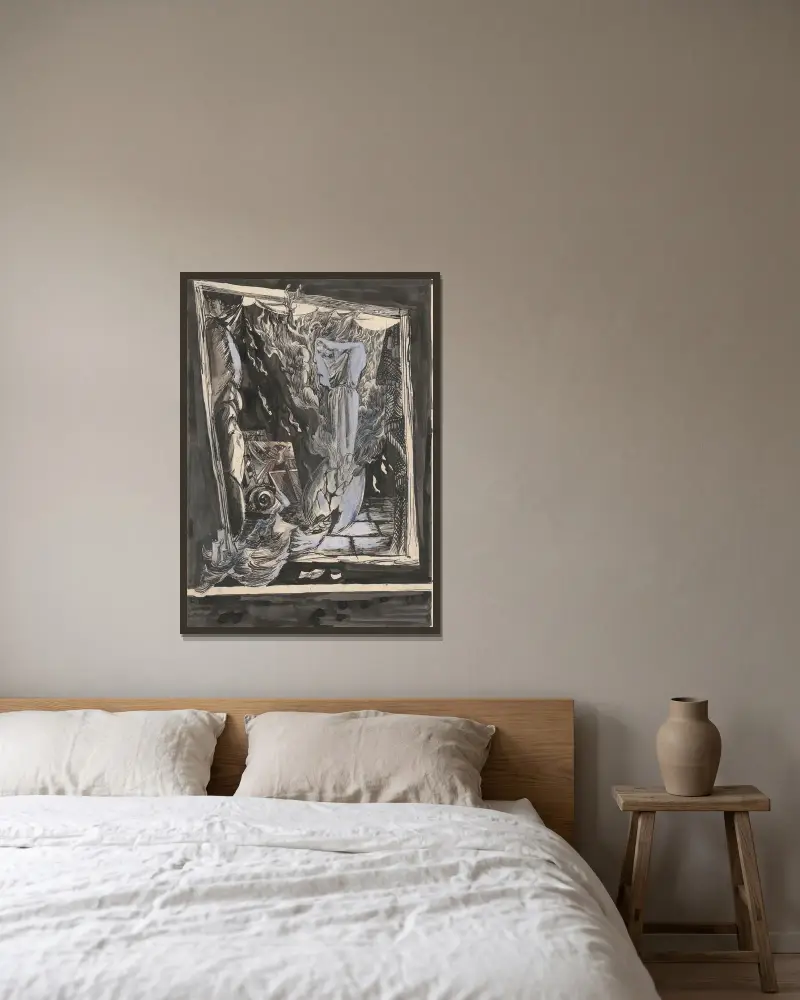 Surrealistisk komposition av Ján Novák inramad på en vägg
