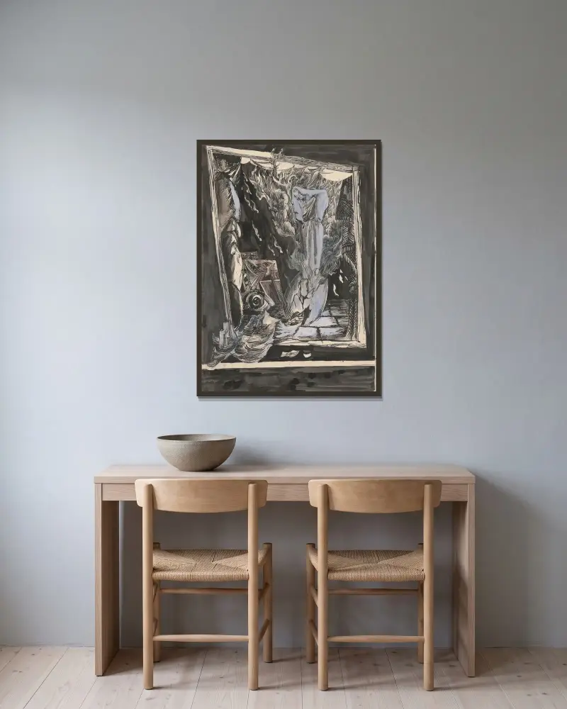Surrealistisk komposition av Ján Novák inramad på en vägg