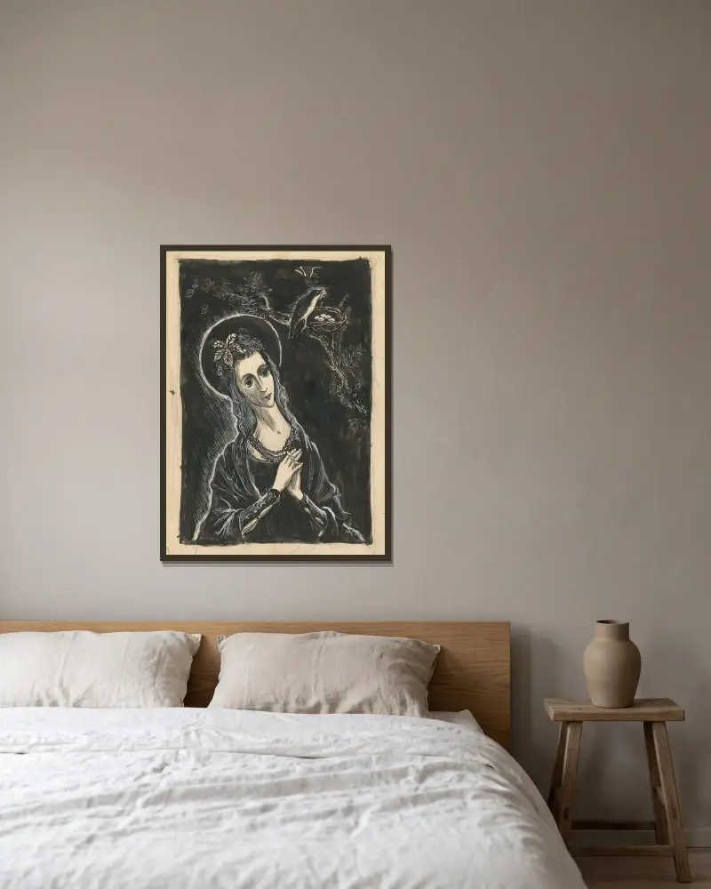 Flicka med fågel av Ján Novák inramad på en vägg
