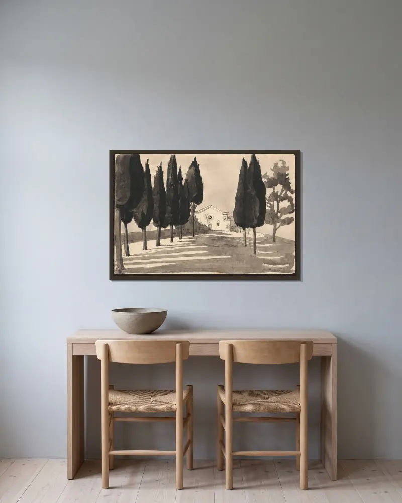 Landscape with an alley of trees leading to a church av Jan Rembowski inramad på en vägg