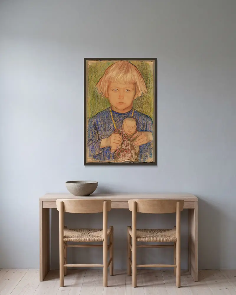 Little girl with a doll av Jan Rembowski inramad på en vägg