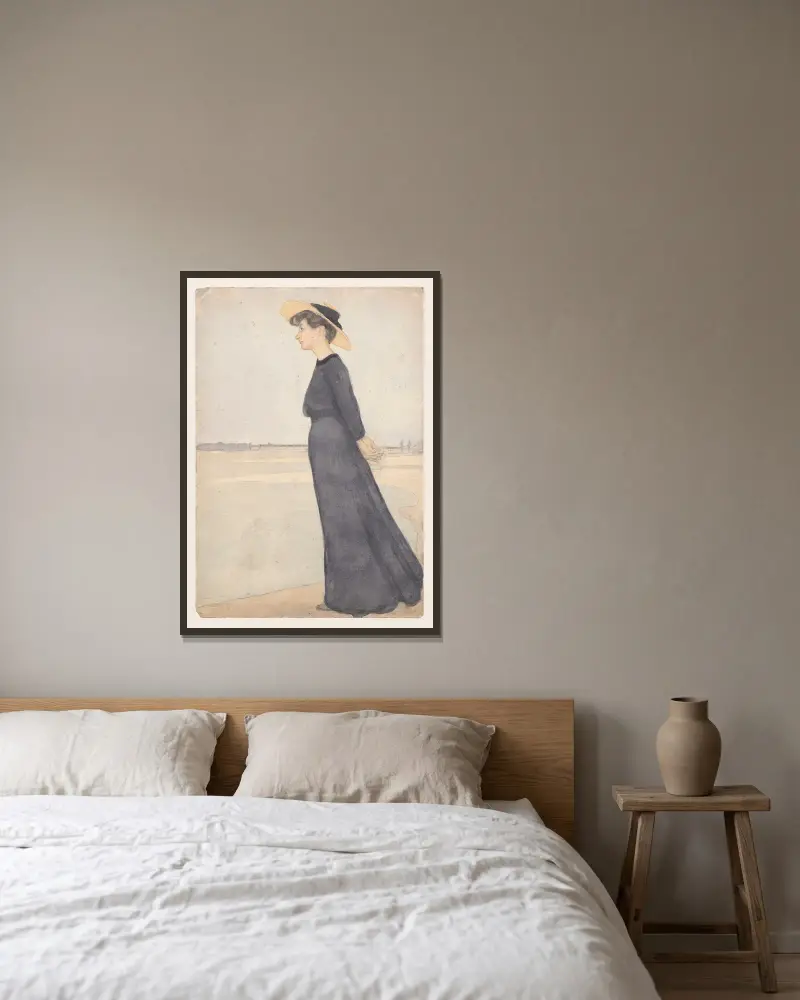 Portrait of the artist’s wife by the sea av Jan Rembowski inramad på en vägg