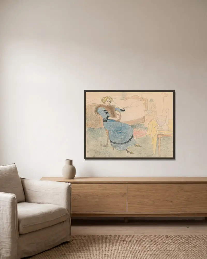 Portrait of the artist’s wife in a room av Jan Rembowski inramad på en vägg