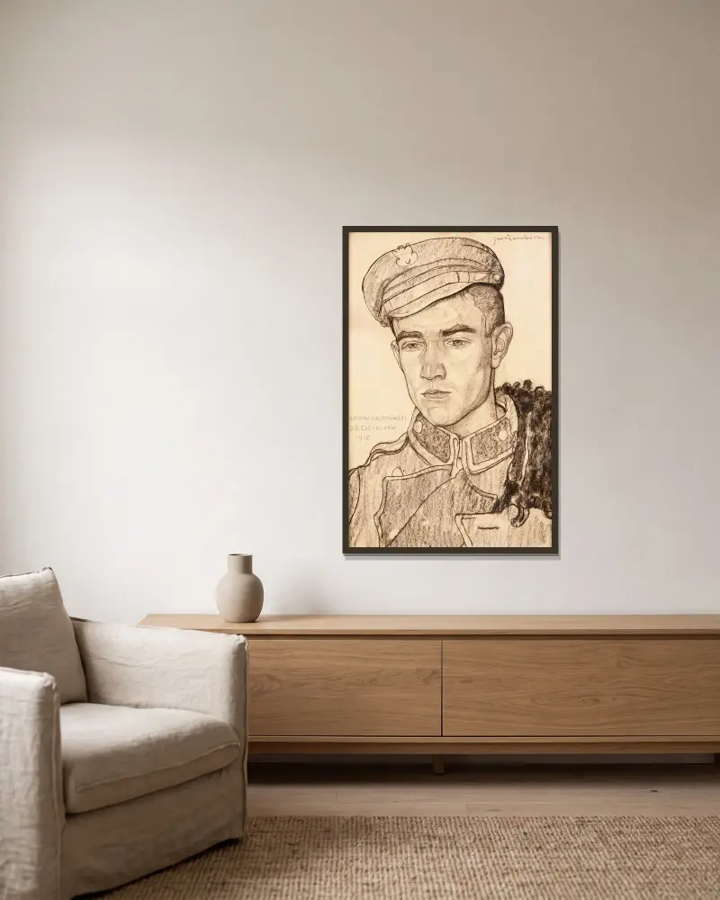 Porträtt av Czesław Malanowski, legionär i de polska legionerna av Jan Rembowski inramad på en vägg