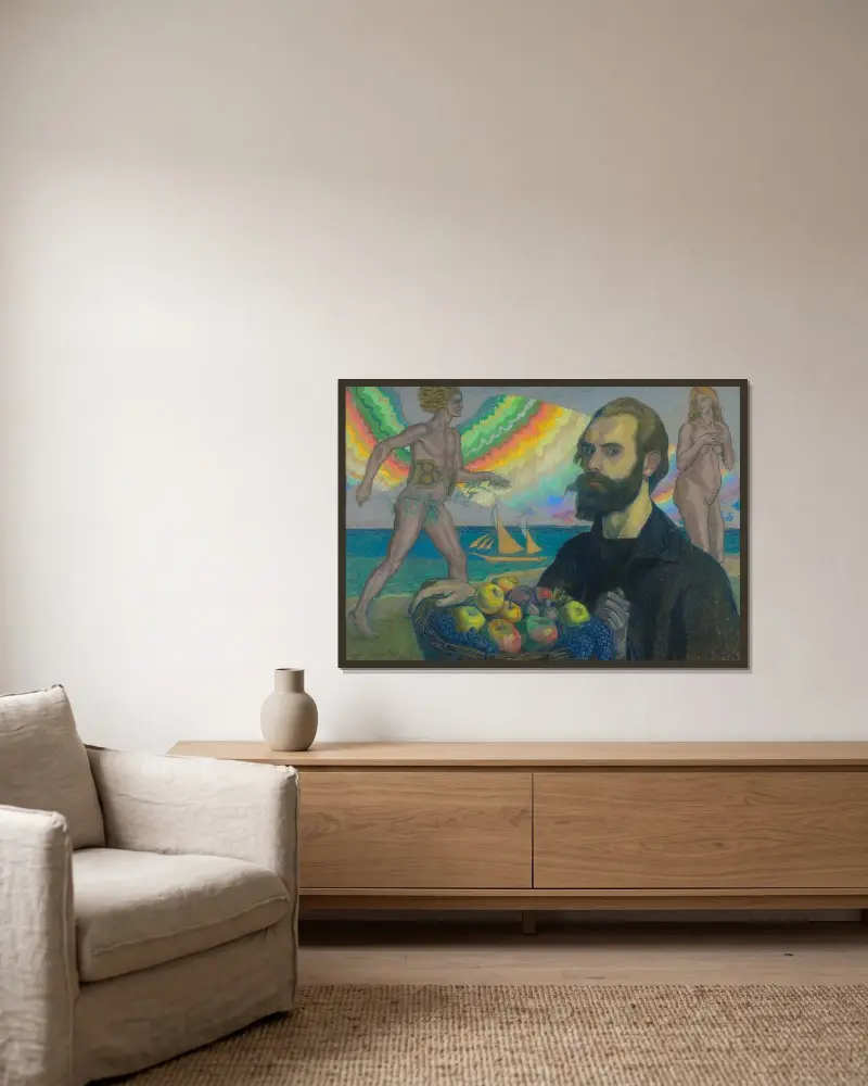 Selbstporträt mit Obstkorb vor dem Meer von Jan Rembowski gerahmt an einer Wand