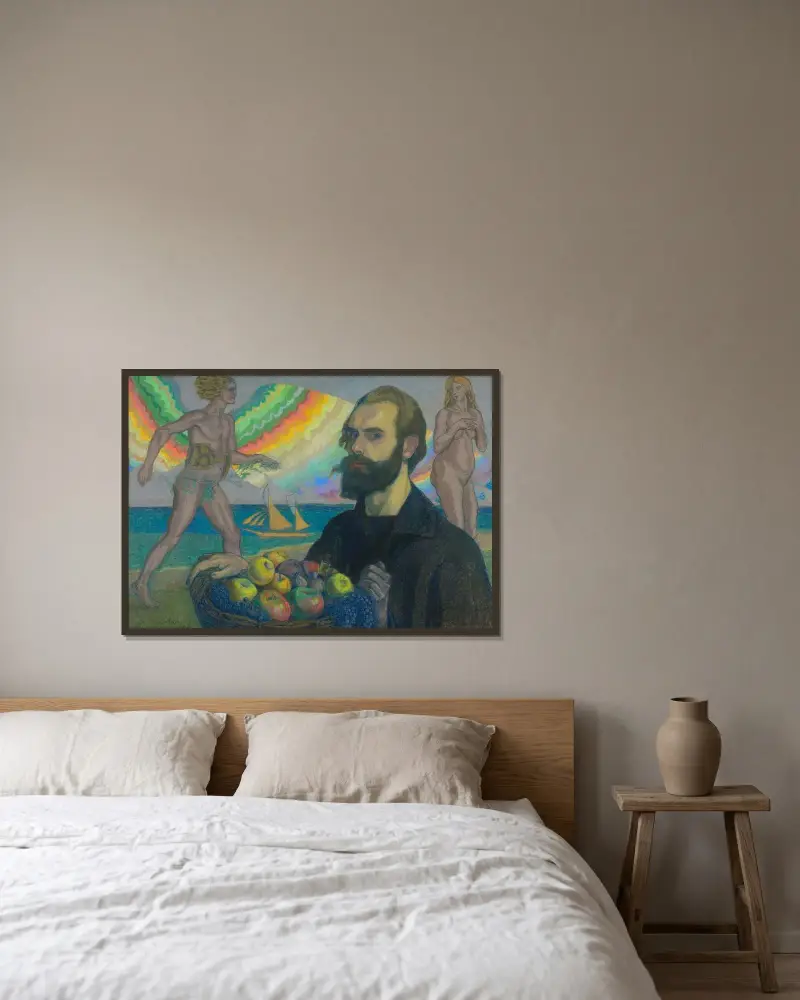 Selbstporträt mit Obstkorb vor dem Meer von Jan Rembowski gerahmt an einer Wand