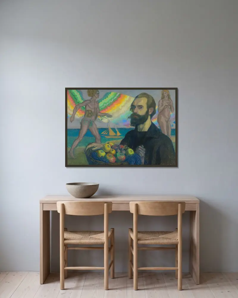 Selbstporträt mit Obstkorb vor dem Meer von Jan Rembowski gerahmt an einer Wand