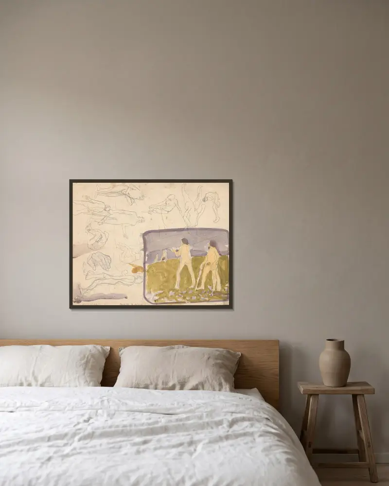 Figurenskizzen für die Komposition „The Fight“ von Jan Rembowski gerahmt an einer Wand