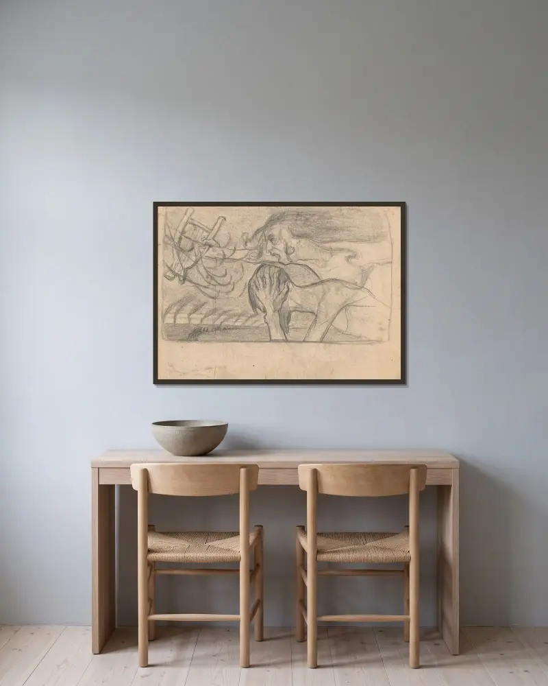 Symbolisk komposition med lirnyk och en figur som håller sig om huvudet av Jan Rembowski inramad på en vägg