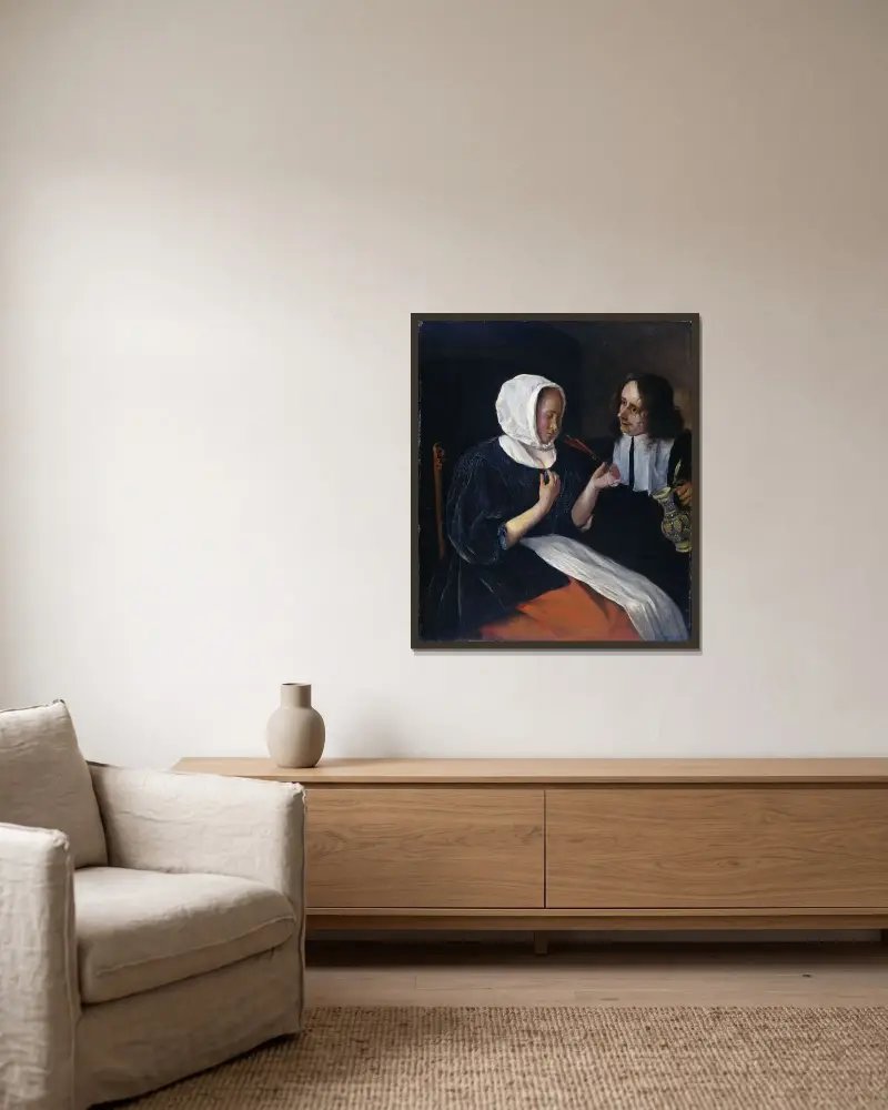 Ett par som dricker av Jan Steen inramad på en vägg