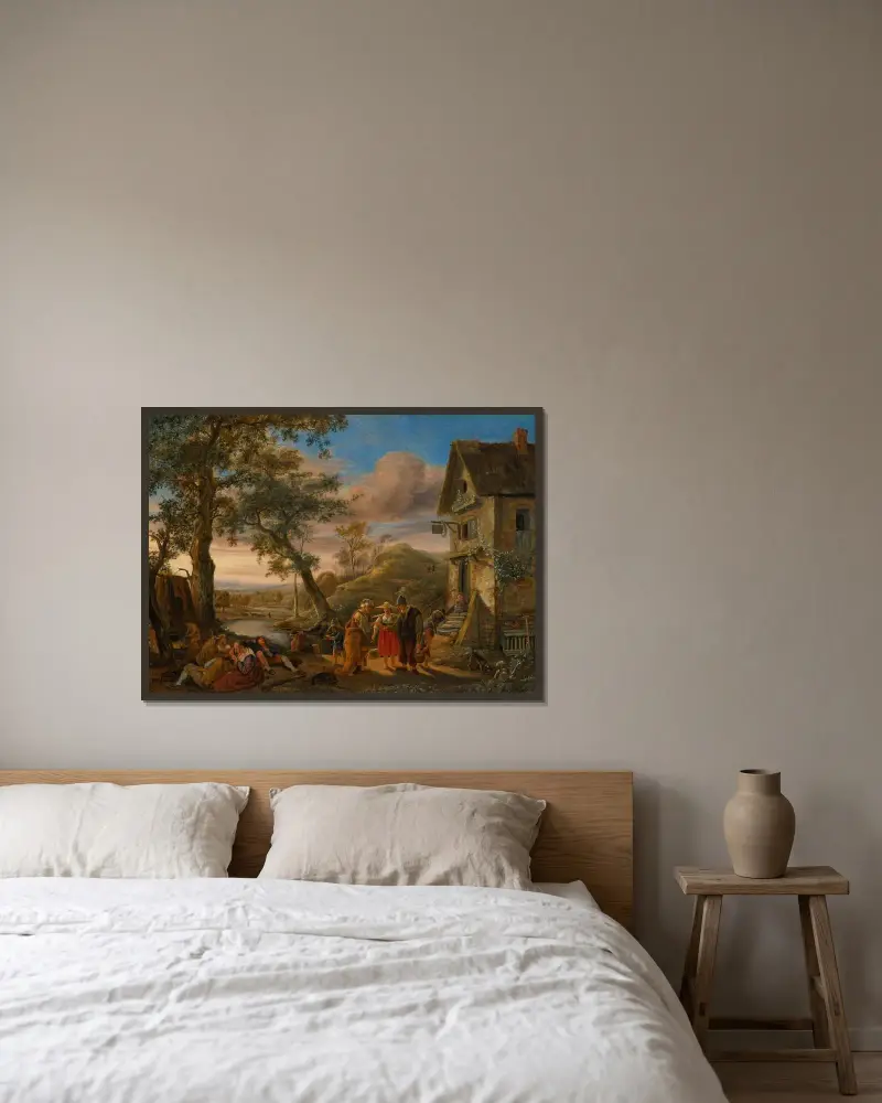 En spåkvinna och bönder framför ett värdshus med flodlandskap av Jan Steen inramad på en vägg