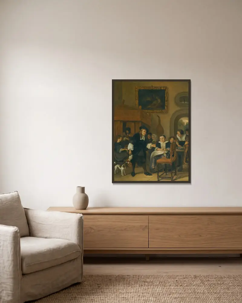 En herre bjuder en dam ett glas vin med ett par musicerande och andra stadsbor i en interiör av Jan Steen inramad på en vägg