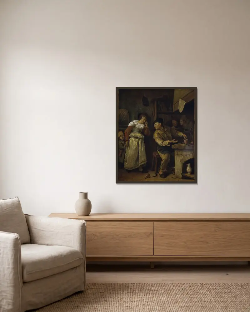 En guldsmed smälter ner en kvinnas smycken inför en notarie, 'Alkemisten' av Jan Steen inramad på en vägg