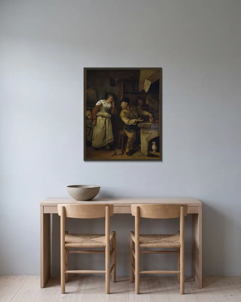 En guldsmed smälter ner en kvinnas smycken inför en notarie, 'Alkemisten' av Jan Steen inramad på en vägg