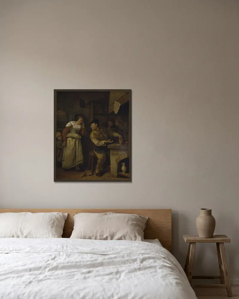 En guldsmed smälter ner en kvinnas smycken i närvaro av en notarie; ”Alkemisten” av Jan Steen inramad på en vägg