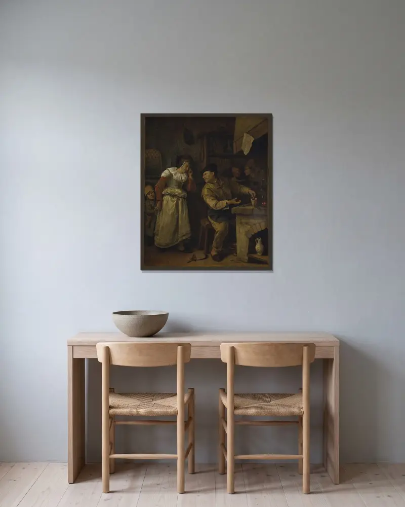 En guldsmed smälter ner en kvinnas smycken i närvaro av en notarie; ”Alkemisten” av Jan Steen inramad på en vägg