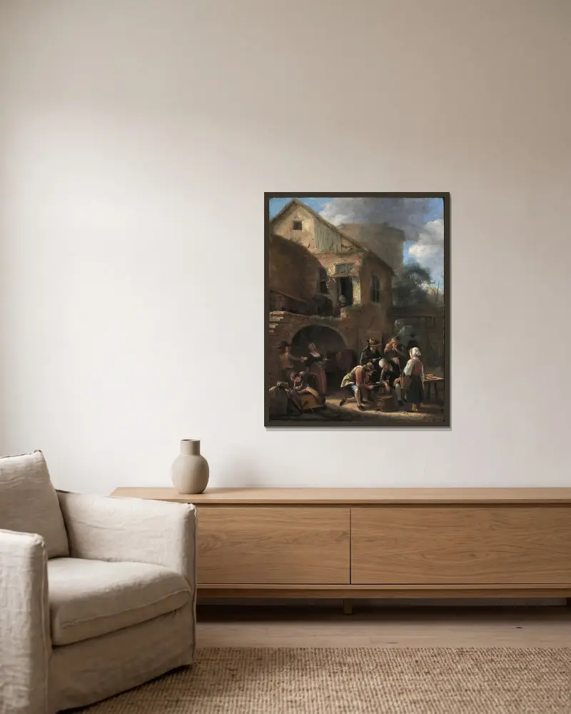 Ett bondesällskap av Jan Steen inramad på en vägg