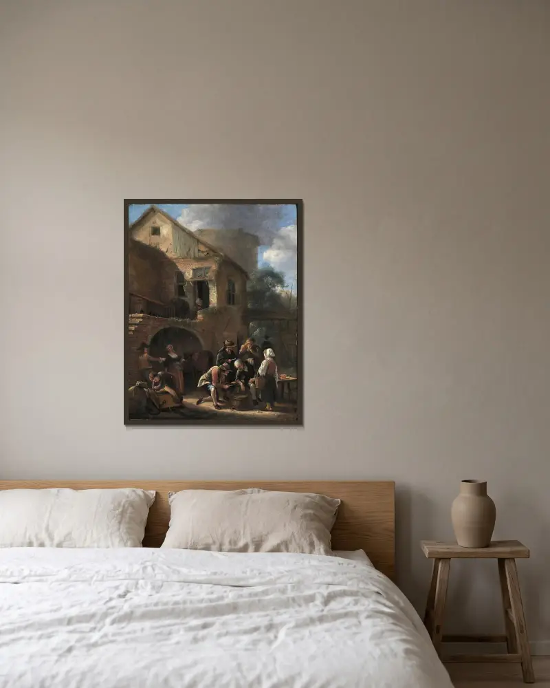 Ett bondesällskap av Jan Steen inramad på en vägg