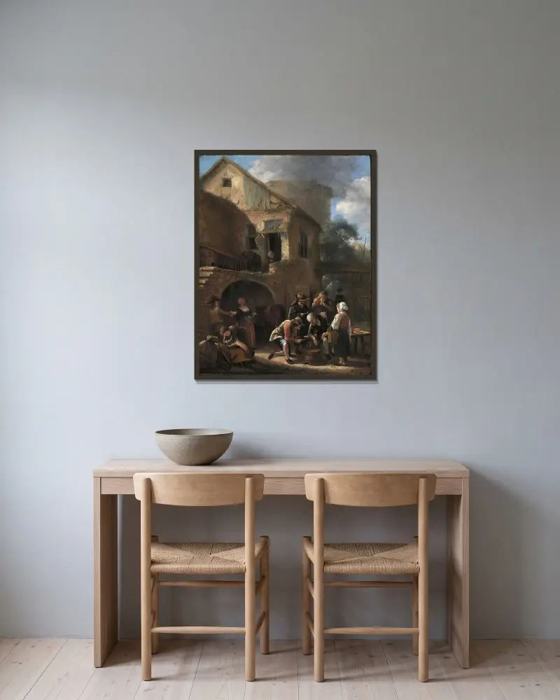 Ett bondesällskap av Jan Steen inramad på en vägg