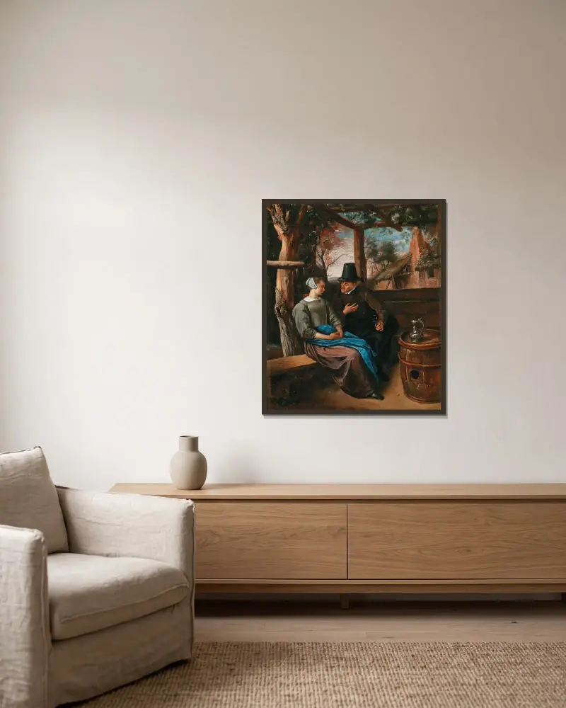 En friare med en ung kvinna av Jan Steen inramad på en vägg