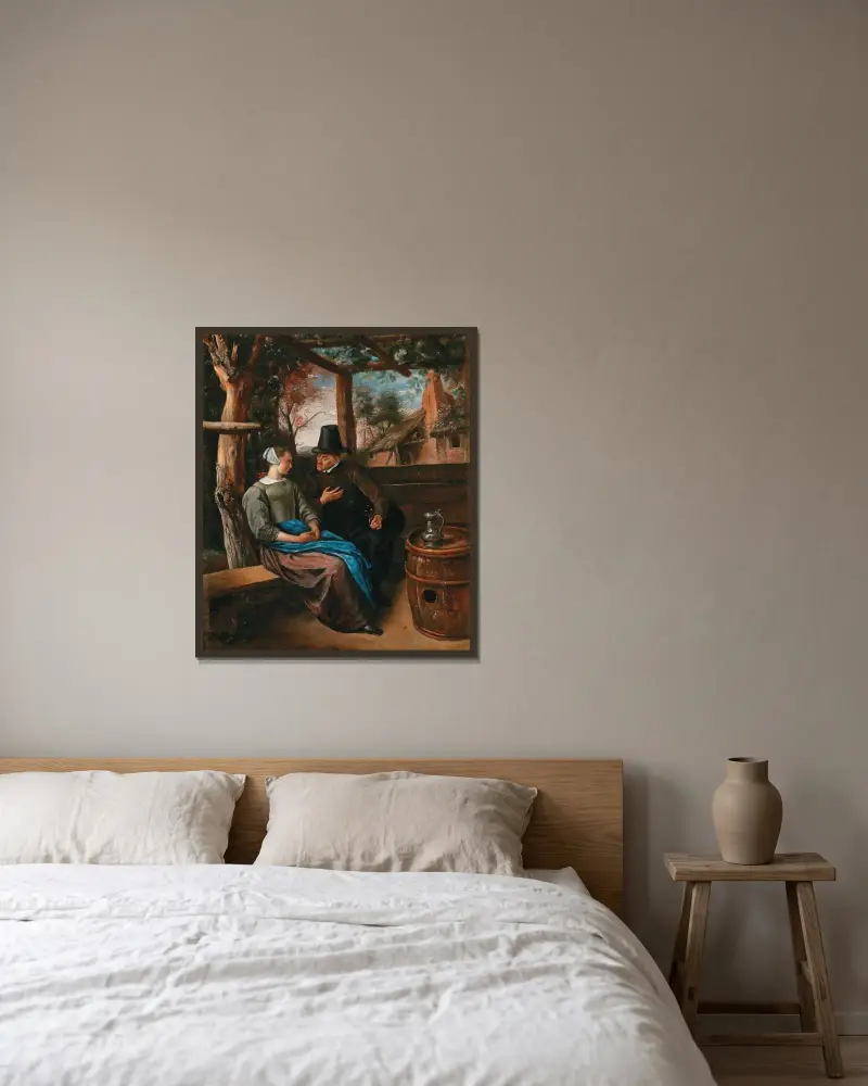 En friare med en ung kvinna av Jan Steen inramad på en vägg