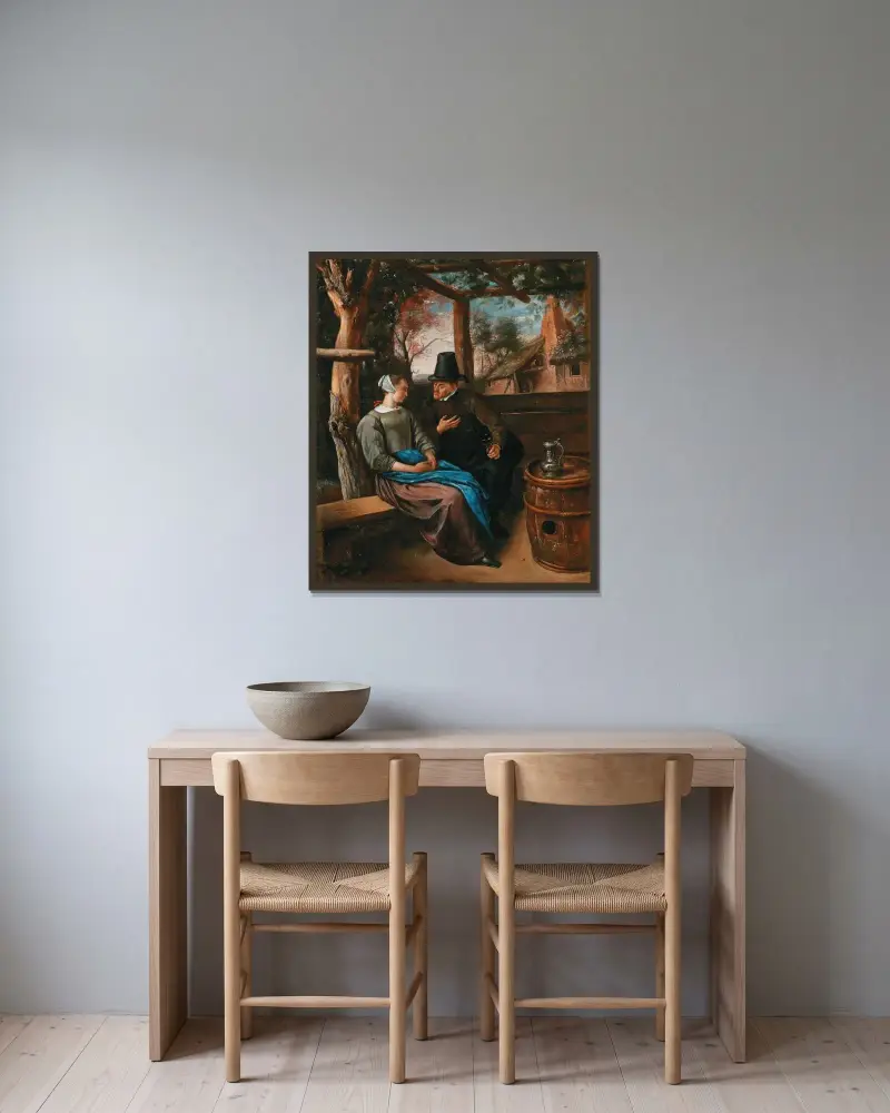 En friare med en ung kvinna av Jan Steen inramad på en vägg