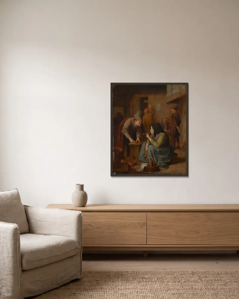Kroginteriör med rökande kvinna och tobaksskärande man av Jan Steen inramad på en vägg