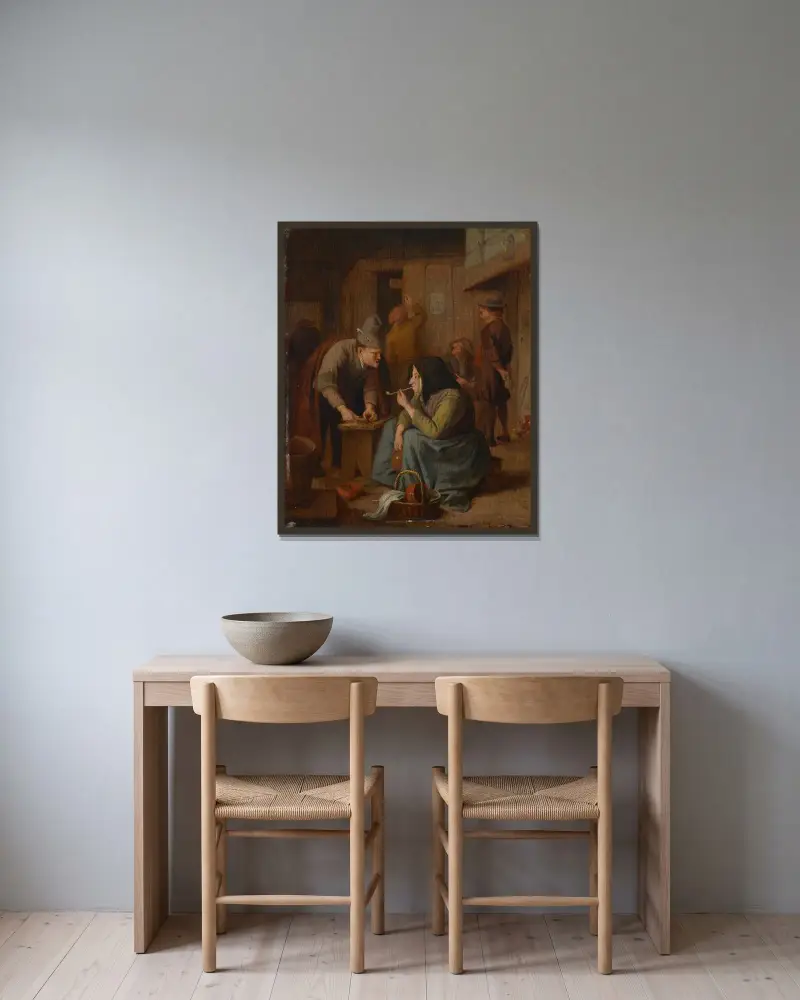 Kroginteriör med rökande kvinna och tobaksskärande man av Jan Steen inramad på en vägg