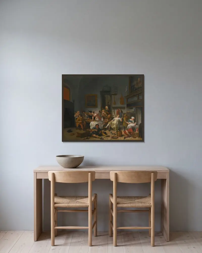 Kroginteriör med dryckeslag och musicerande av Jan Steen inramad på en vägg