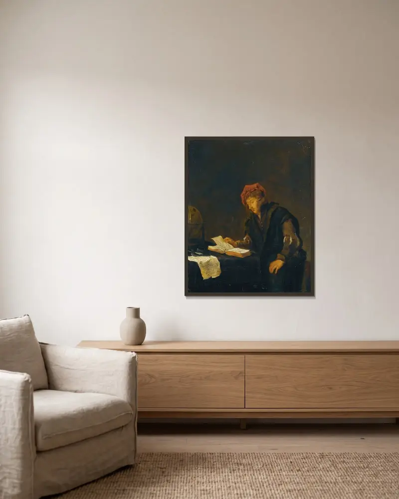 En ung man läsande av Jan Steen inramad på en vägg