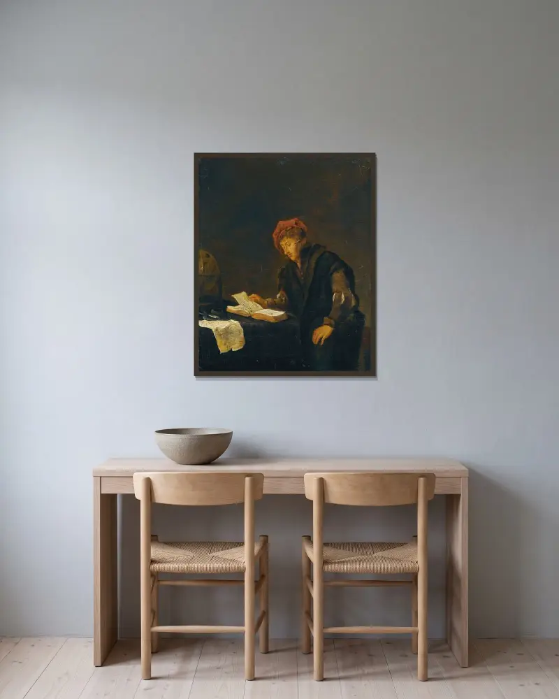 En ung man läsande av Jan Steen inramad på en vägg