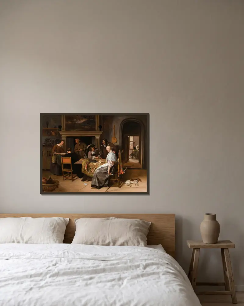 Ett elegant sällskap i en interiör med figurer som spelar kort vid ett bord av Jan Steen inramad på en vägg
