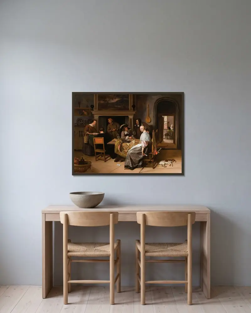 Ett elegant sällskap i en interiör med figurer som spelar kort vid ett bord av Jan Steen inramad på en vägg