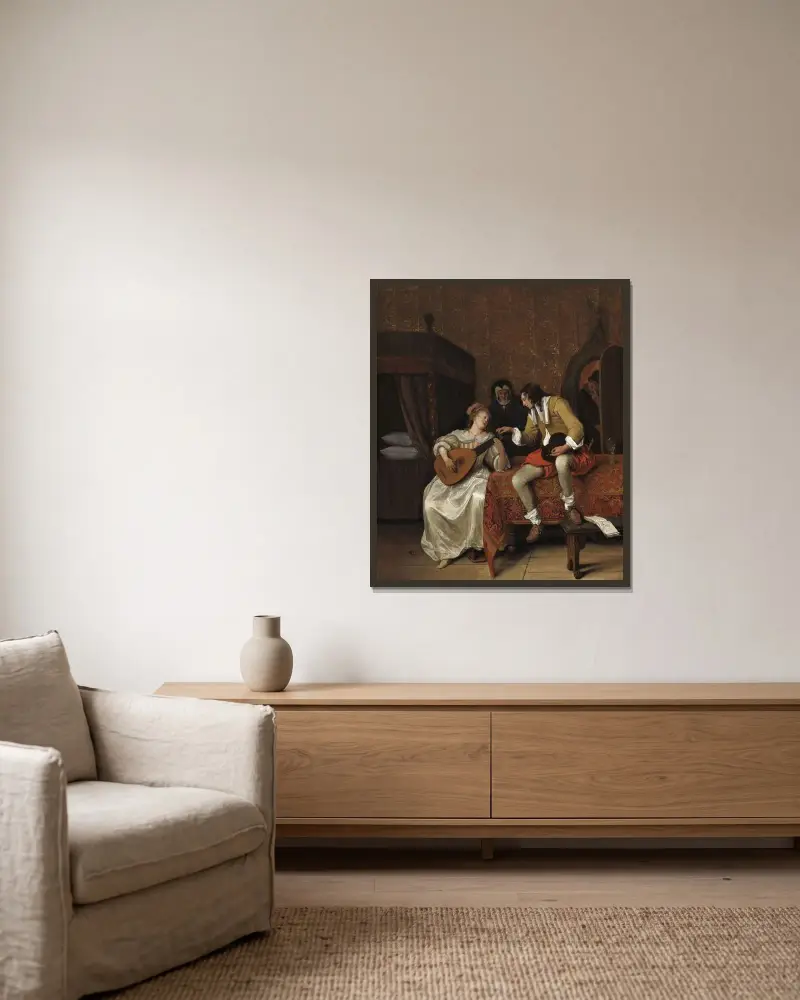 Ascagnes och Lucelle (Musiklektionen) av Jan Steen inramad på en vägg