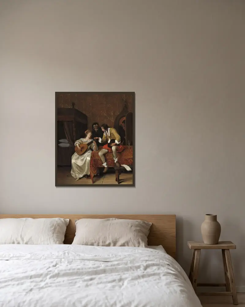 Ascagnes och Lucelle (Musiklektionen) av Jan Steen inramad på en vägg