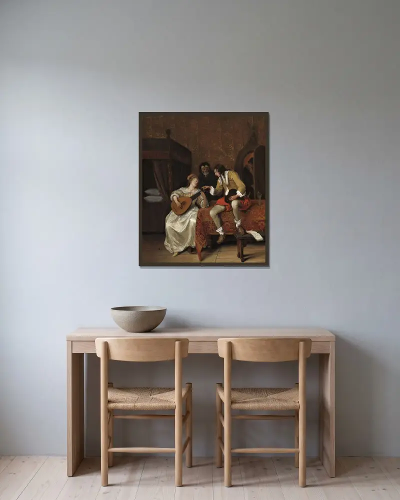Ascagnes och Lucelle (Musiklektionen) av Jan Steen inramad på en vägg