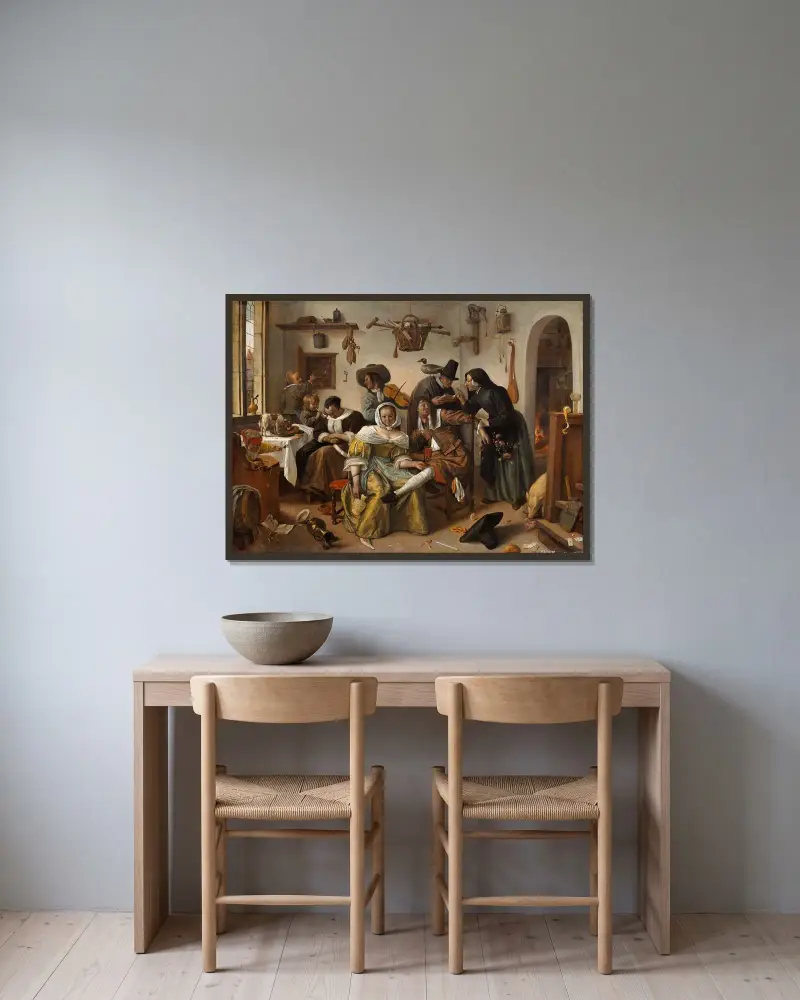 Beware of Luxury (“In Weelde Siet Toe”) av Jan Steen inramad på en vägg
