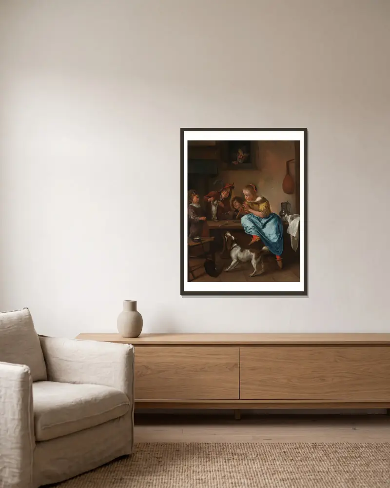 Barn lär en katt att dansa, känd som 'Danslektionen' av Jan Steen inramad på en vägg