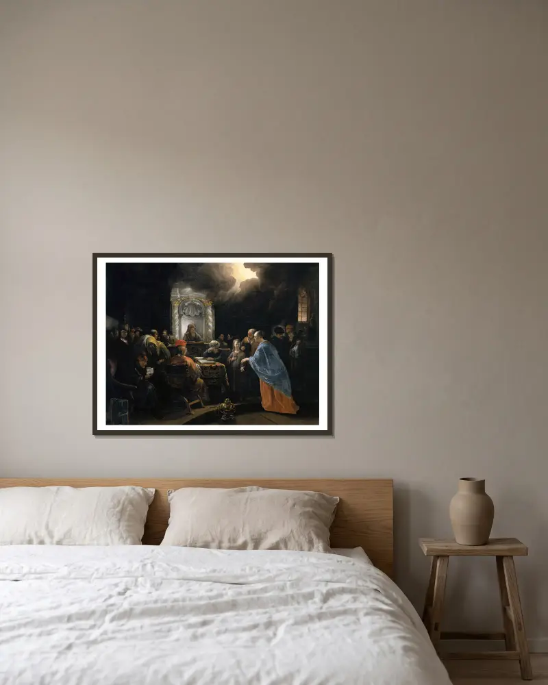 Jesus unter den Schriftgelehrten von Jan Steen gerahmt an einer Wand