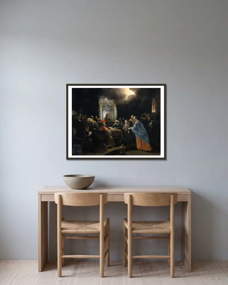 Jesus unter den Schriftgelehrten von Jan Steen gerahmt an einer Wand