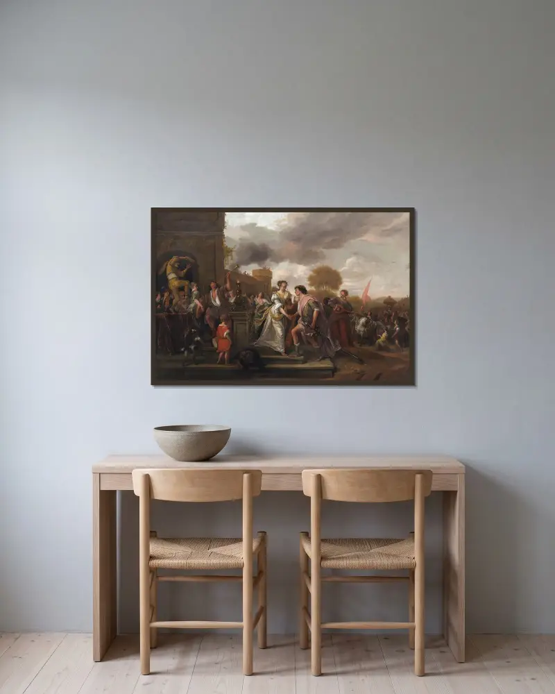 David återvänder segerrik efter att ha besegrat Goljat och filistéerna av Jan Steen inramad på en vägg