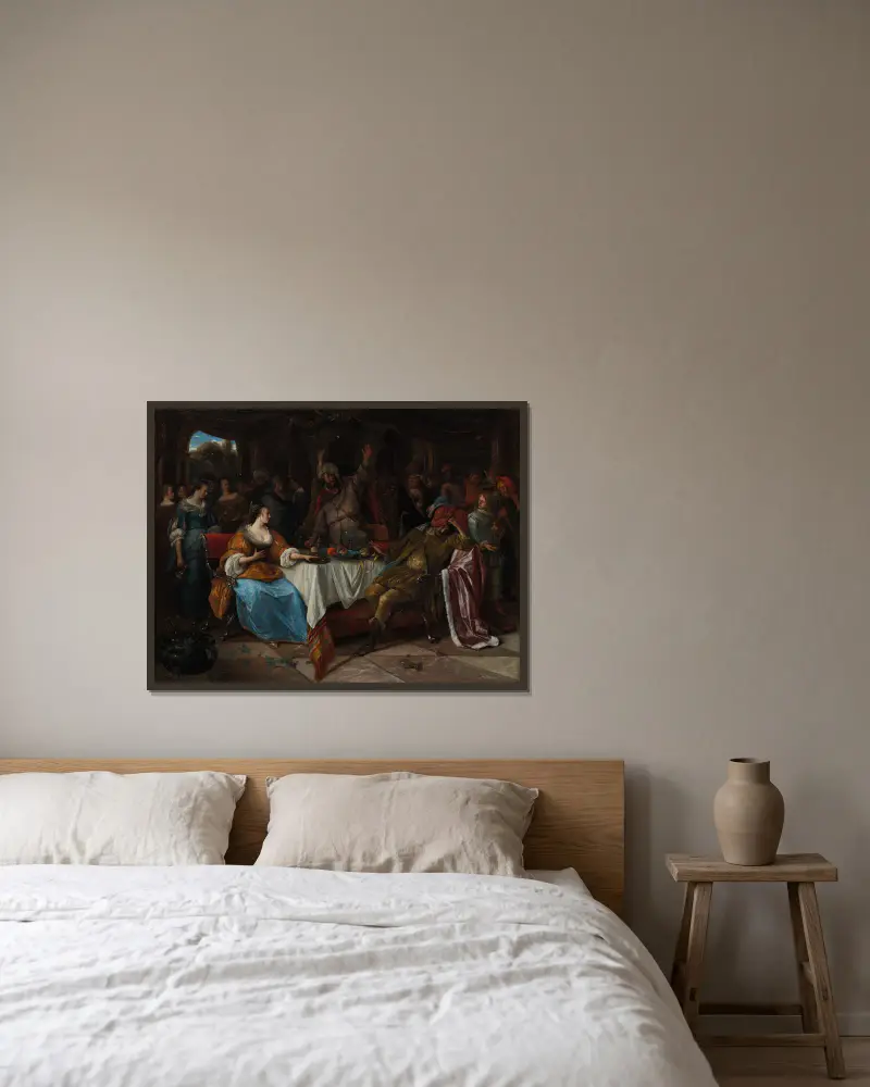 Esther, Ahasuerus, and Haman av Jan Steen inramad på en vägg