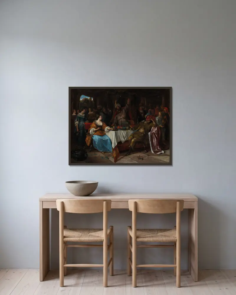 Esther, Ahasuerus, and Haman av Jan Steen inramad på en vägg