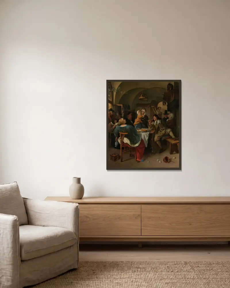 Familjescen av Jan Steen inramad på en vägg