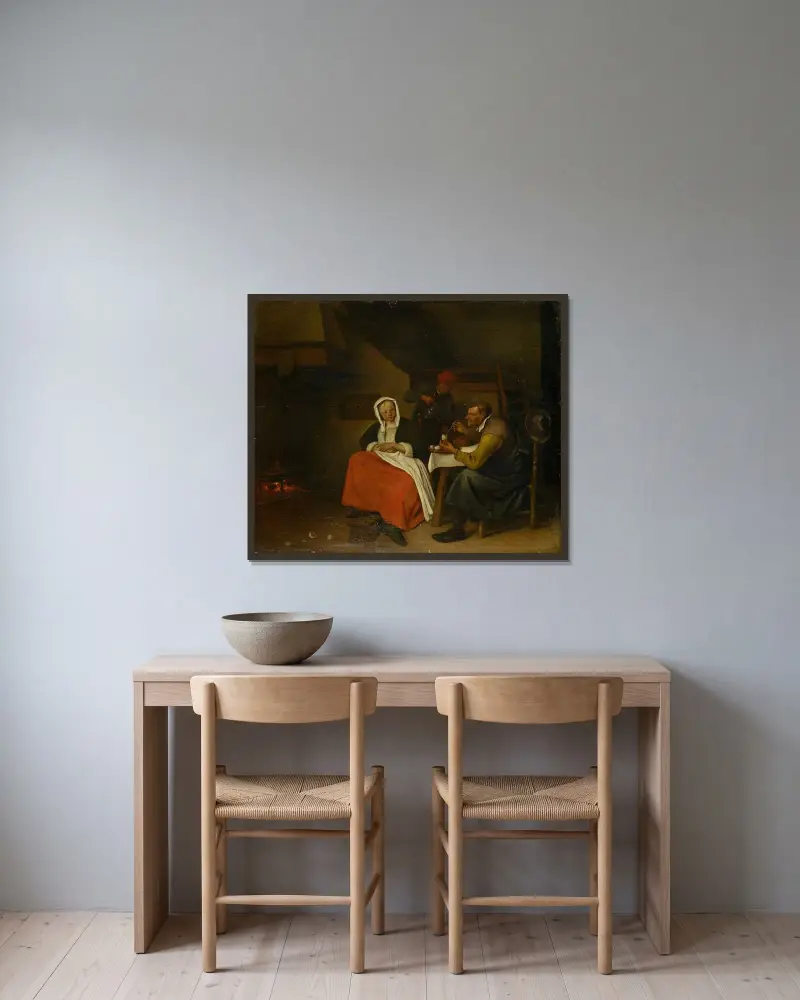 Bonde som äter ägg av Jan Steen inramad på en vägg